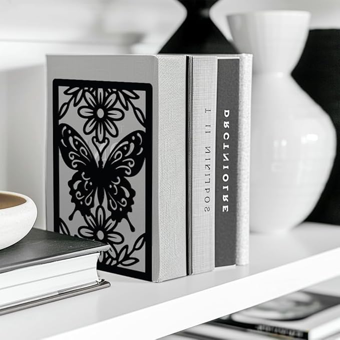 Peacoblue Metal Butterfly Bookends for Shelves Shelf Desk Office Room Decorative, Heavy Duty Study Unique Creative Anti-Slip Bookends Stoppers for All Books5.3"x4.3"x7.9", 1 Pair(Butterfly)