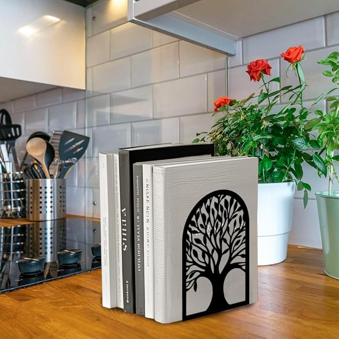 Peacoblue Metal Bookends for Shelves, Modern Decorative Heavy Duty Study Book Support Stoppers for Office, Desk, Shelf, Room 5.3"x3.5"x7.8" Cast Iron Simple Tall Bookends, 1 Pair (Tree of Life)