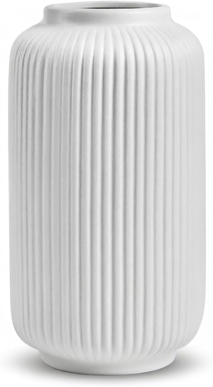 Matte White Ceramic Flower Vase, 8 Inch Ribbed Vase for Pampas Grass, Fresh or Dried Flowers, Decorative Centerpiece for Living Room, Kitchen, Bookshelf, Office Decor
