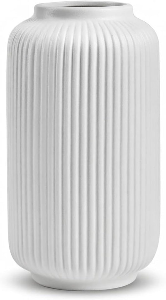 Matte White Ceramic Flower Vase, 8 Inch Ribbed Vase for Pampas Grass, Fresh or Dried Flowers, Decorative Centerpiece for Living Room, Kitchen, Bookshelf, Office Decor