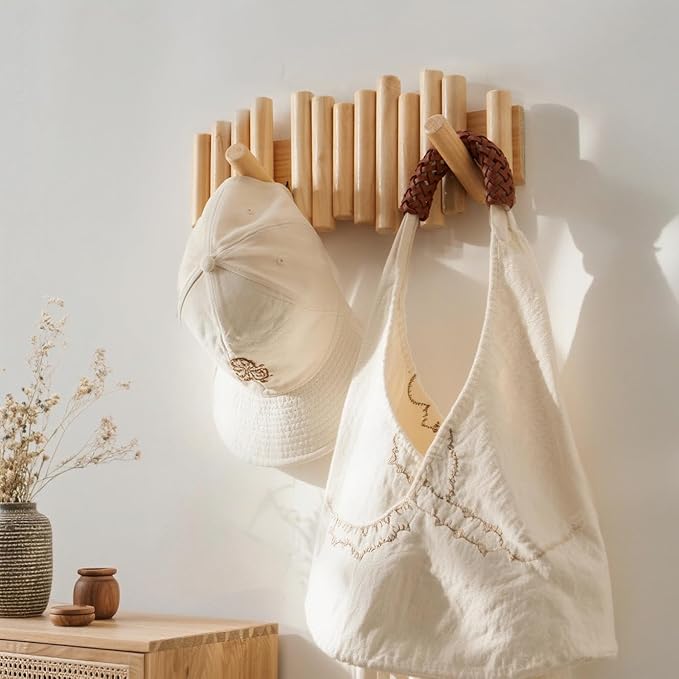 Wooden Wall mounted wood coat rack | 15 inches long , 6.5" high, with 5 Flip-Down Hooks | Modern Natural Pine Wood Finish | Decorative Hanging Storage Wall Hooks for Entryway or Bedroom