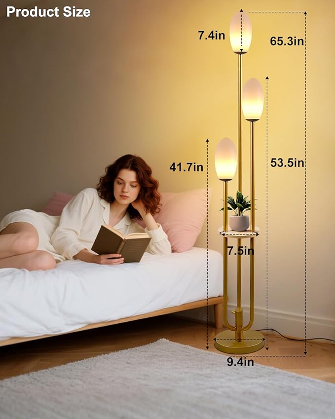 ACOHOOK Gold Dimmable Floor Lamp with Table, Unique Candle Holder Style Tall Standing Lamps with 3000K G9 Bulbs for Reading, Mid Century Modern Floor Lamp for Living Room Bedroom Office