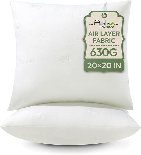Ashler Throw Pillows Insert- 20x20 Pillow Inserts with Air Layer, Premium Bed and Couch Pillows - Indoor Decorative Throw Pillow, Square Cushion Sham Stuffer, Pack of 2, White
