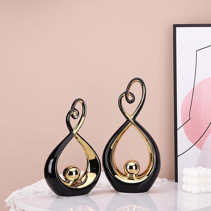 DOVDOV Modern Art Home Decor, Ceramic Abstract Sculpture 2 Piece Set, Black and Gold Statue Decoration, Gorgeous Home Decor for Rooms, Bookshelves, Coffee Tables with Decorative Aesthetics.