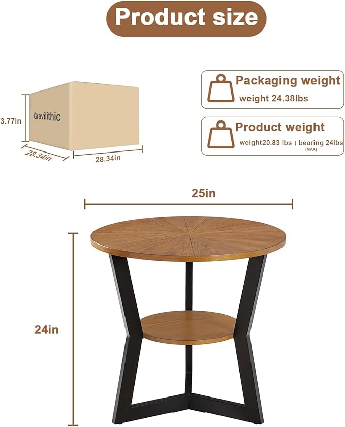 End Table, Round Wood End Table for Living Room with 2-Tier Table Top with Storage Rack, Metal Leg Triangle Support Design, Home Furniture, 25 x 25 x 24 in