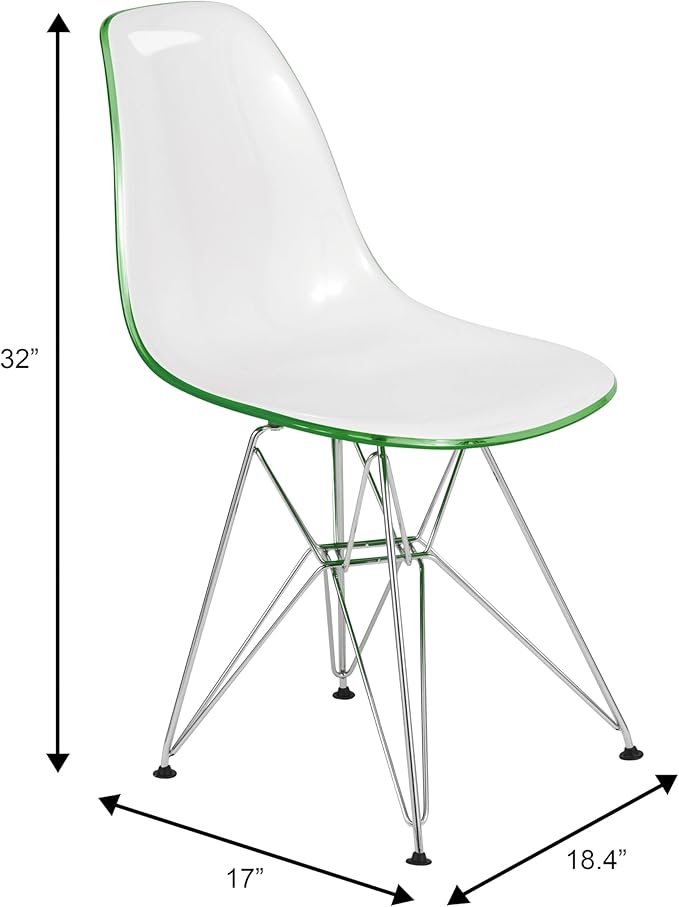 LeisureMod Cresco Acrylic Dining, Modern Chrome Eiffel Base and Curved Back Design, Ergonomic and Lightweight Accent Side Chair for Mid-Century Home, Kitchen, and Café (White Green, Singles)