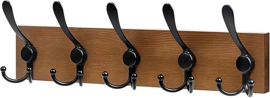 RELBRO Coat Rack Wall Mount, 16.7 Inch Wooden Wall Coat Hanger with 5 Triple Hooks, No Assembly, Brown, 1 Pcs