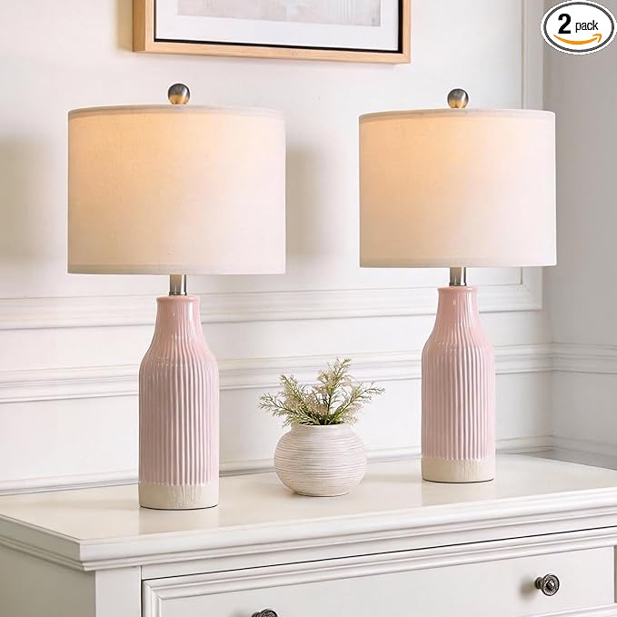 23.75inch Pink Modern Ceramic Bedside Lamp Set of 2 for Bedroom Decor Farmhouse Table Lamp for Living Room Office Dorm