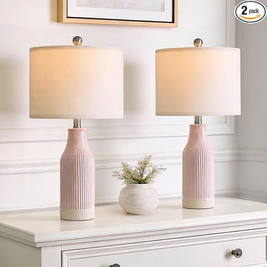 23.75inch Pink Modern Ceramic Bedside Lamp Set of 2 for Bedroom Decor Farmhouse Table Lamp for Living Room Office Dorm