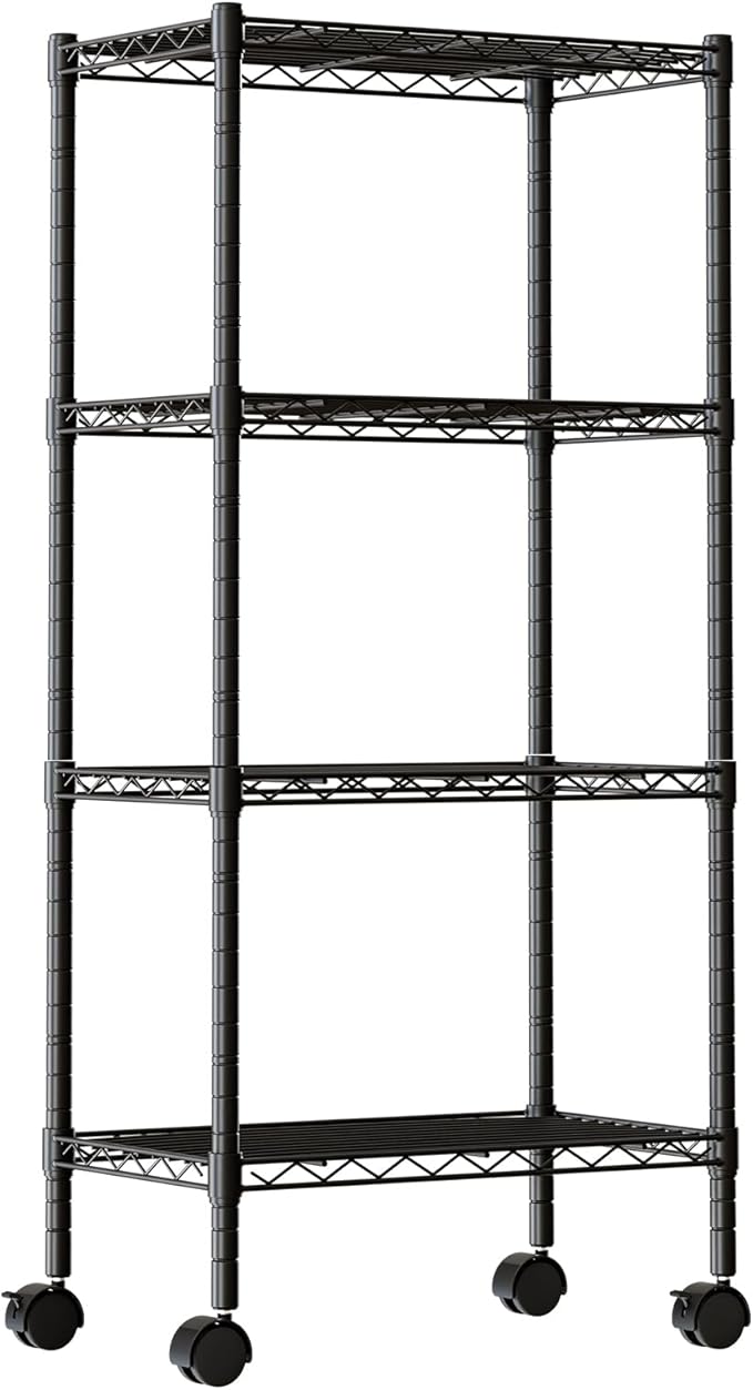 DUMOS 4 Tier Metal Shelving, Heavy Duty Shelves Wire Shelving Unit with Removable Wheel Casters, Shelves Organizer for Bathroom Garage Living Room Kitchen Pantry Laundry