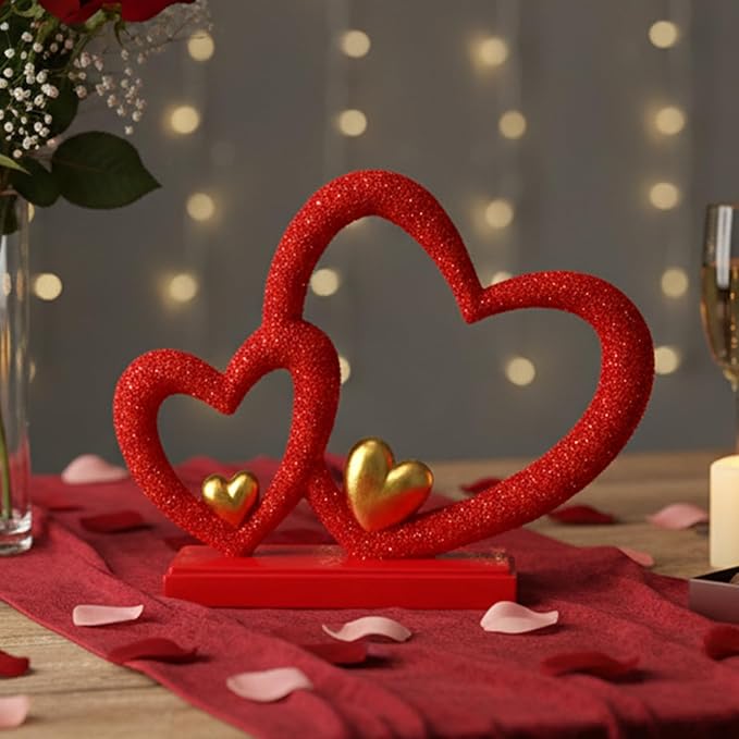 Double Heart Sculpture Valentine’s Day Statue, Faux Beaded Texture with Gold Accents, 7.9" Red Romantic Decor for Shelf, Mantel, Bedroom, Wedding, for Her