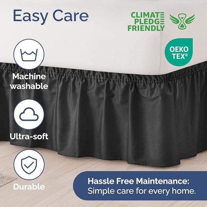 Wrap Around Dust Ruffle Bed Skirt - Black - Twin/Twin XL Size Beds with 15 Inch Drop - Easy Fit Elastic Strap - Adjustable Pleated Bedskirt w/Brushed Fabric - Wrinkle Free - Women, Men, Kids & Teens