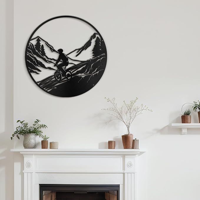 SIGNLEADER Metal Wall Art Decor Mountains, Pine Trees, Cyclists Modern Abstract Wall Sculpture Hangings Home Decoration for Living Room, Bedroom, Bathroom, Kitchen, Outdoor - 18" Black