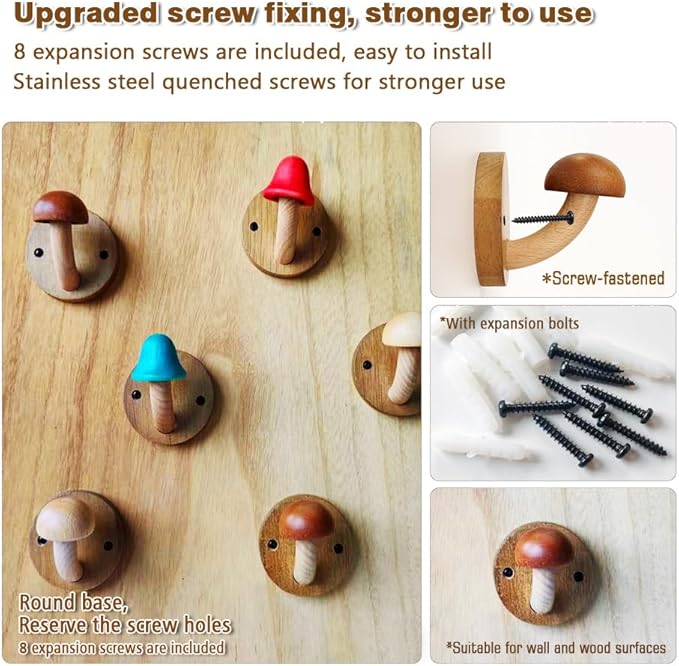Wooden Mushroom Coat Hooks, Mushroom-Shaped Coat Hangers, Wall Mounted Towel Hanger, Solid Wood, Colorful, Set of Hooks with Screws (4 Hooks & 8 Screws)