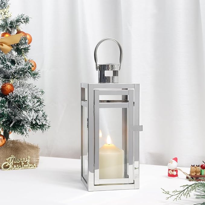 TRIROCKS Stainless Steel Decorative Lantern 12'' High Metal Hanging Lantern with Clear Glass Panels Perfect for Home Decor Living Room Parties Events Tabletop Indoors Outdoors (Silver)