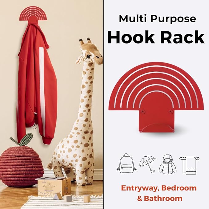 Rainbow Red Wall Hooks – Heavy-Duty Metal Hooks for Hanging | Stylish & DecoraƟve Coat Hook for Backpacks, Towels & Bags | Durable, Minimalist Wall Organizer for Kids' Room & Playroom