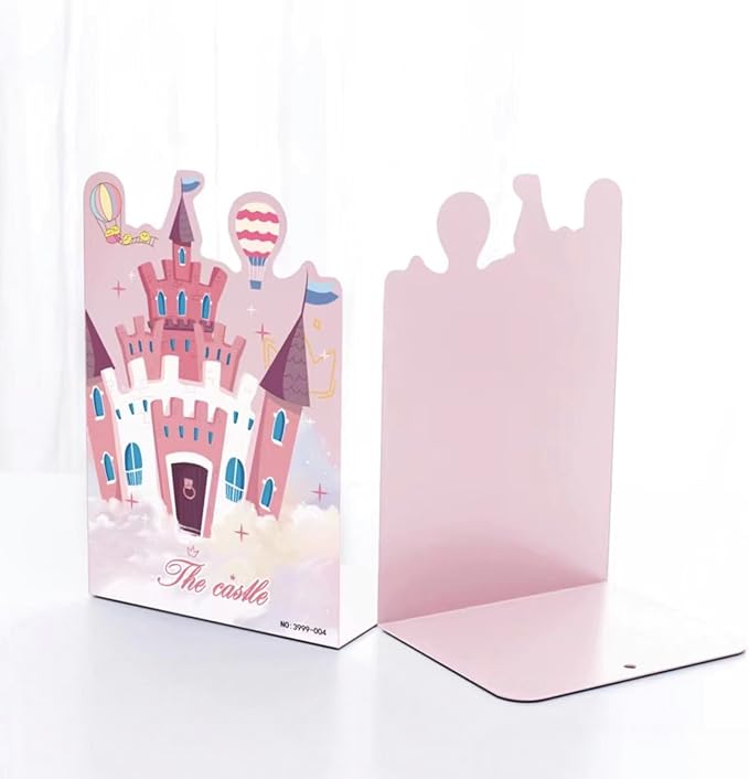 2 Pack Metal Bookends,Non-Slip Castle-Shaped with Baloon Cartoon Book Stopper,5.3"x3.9"x8"Heavy Duty Premium Decorative Book End, Supports for Kids Children Shelves,School,Room,Office,Learning Gifts