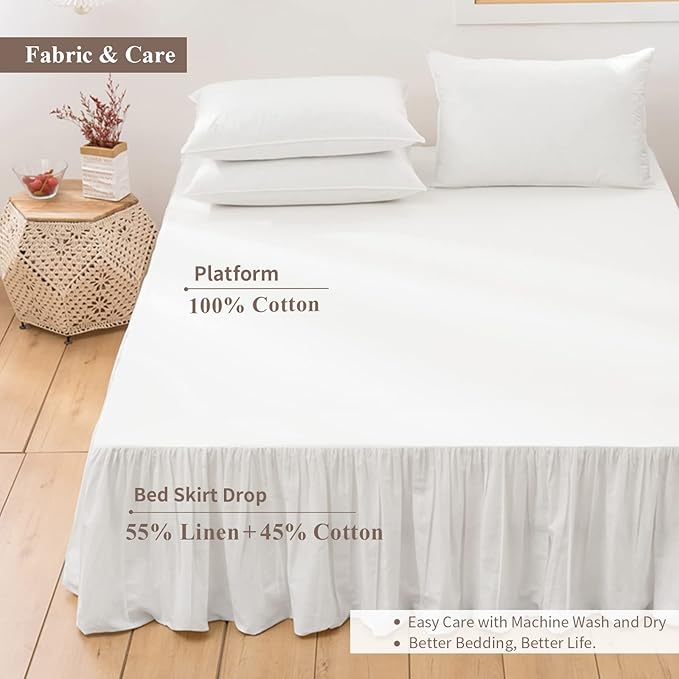 BISELINA French Linen Bed Skirt with Pleated Frills 14-Inch Tailored Drop Natural Flax Cotton Blend Dust Ruffle Soft Cozy Farmhouse Bedding (14" California King, Ruffle White)