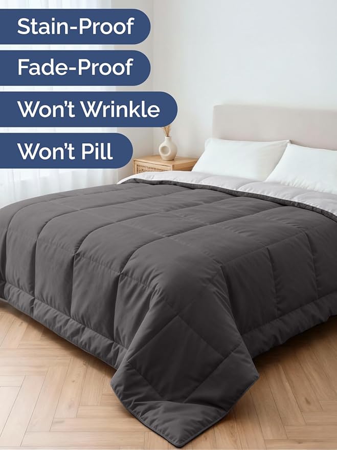 Cal King Size Dark Grey & French Grey Reversible Alternative Down Comforter - Warm, Lightweight Breathable Hotel Quality Bedding Set - All Season Oversized Cooling Microfiber Duvet Insert Comforter