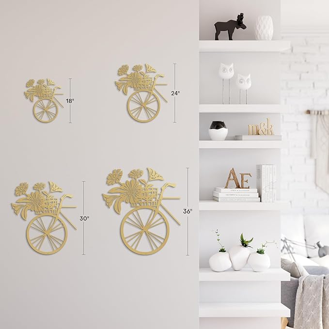 SIGNLEADER Metal Wall Art Decor Floral Bouquet in Bicycle Modern Abstract Wall Sculpture Hangings Home Decoration for Living Room, Bedroom, Bathroom, Kitchen, Outdoor - 18" Gold
