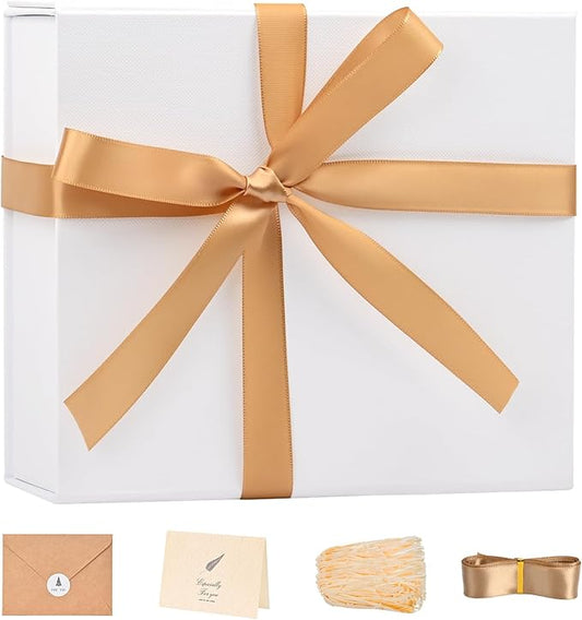 LIFELUM Black Gift Box 8 x 7 x 3 inch, Gift Box with lid Magnetic Closure Box Sturdy Box for Gift Includ Greeting Cards,Ribbon,Shredded Paper Filler for Presents (1 Pcs)