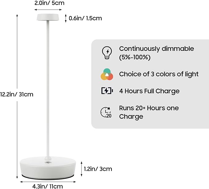 Cordless LED Table Lamp，Rechargeable Battery Desk Lamps, 3 Color Stepless Dimmable Metal Battery Table Lamps, Portable Waterproof Table Light for Restaurants/Bedroom/Bar (White)