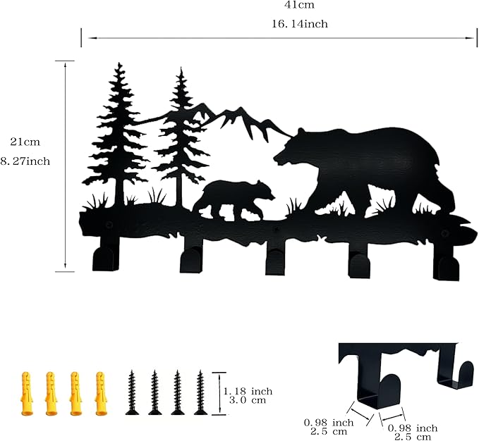 Metal Bear Coat Hooks - Animal Theme Wall Art Decor and Key Holder, Hangers for Clothes, Hat, and Backpack, Home Storage Decor for Entryway, Hallway, Office, Kitchen, and Living Room