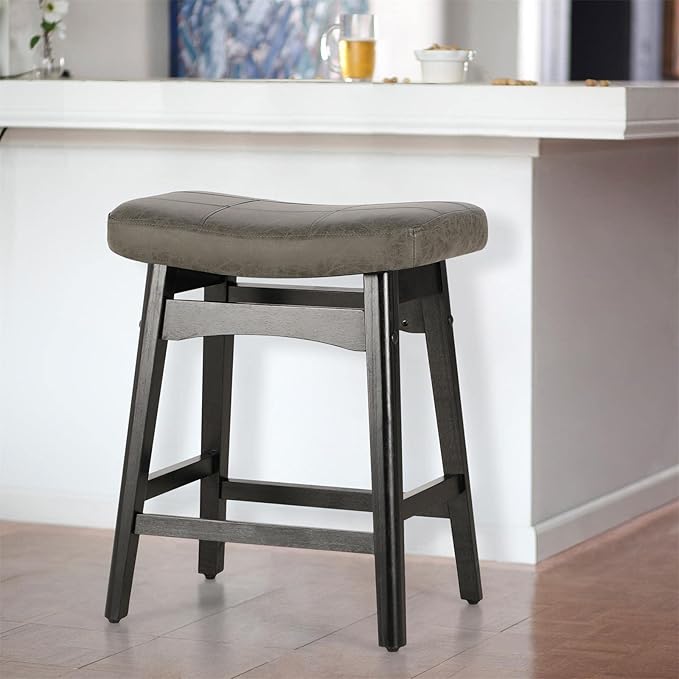 Sophia & William Counter Height Bar Stool for Kitchen Island,24" Counter Stools with Wooden Legs, Abrasive Leather Saddle Seat Bar Stool,Grey,1 PC
