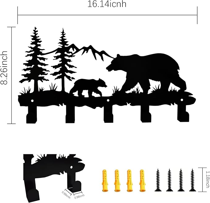 Metal Bear Coat Hooks Wall Art Decoration, Clothes Hangers and Key Holders, Metal Clothes Racks and Backpack Hooks - Animal Themed Hooks Decoration for Storage, Living Room, Office, Hallway