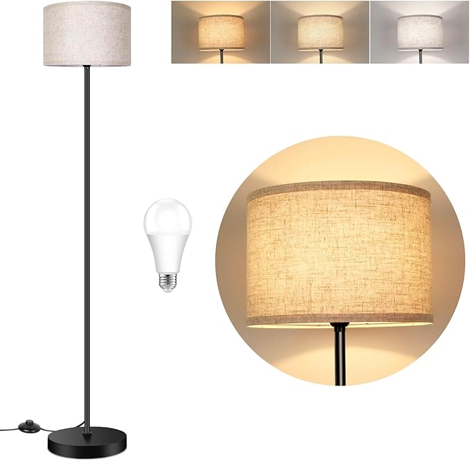 TOBUSA Floor Lamp for Living Room Bedroom with 3CCT LED Bulb, Modern Standing Lamp Drum Shade, 65’’ Tall with Foot Switch Black Pole, Dimmable Simple Design Stand Up Lamp for Home Office Reading
