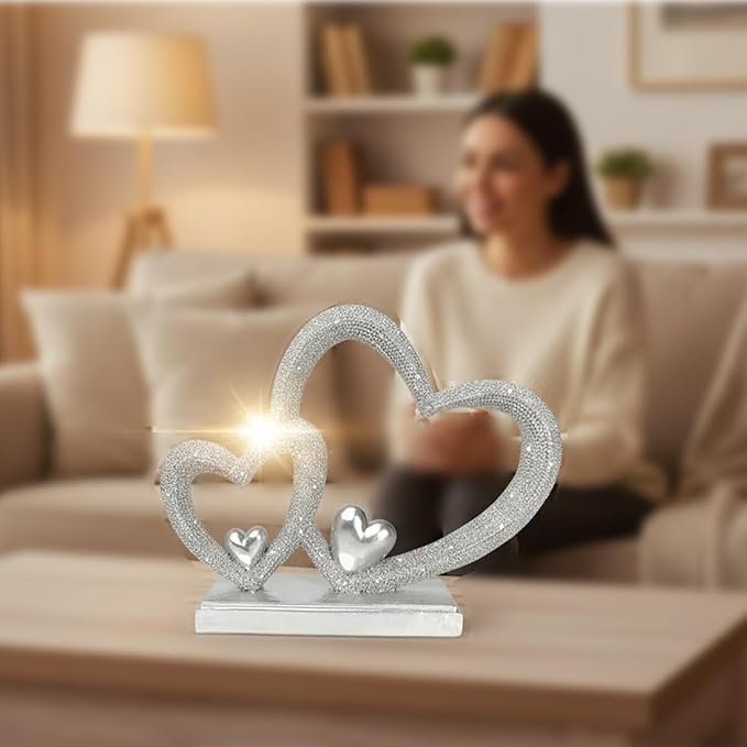 Double Heart Sculpture Valentine’s Day Statue, Faux Beaded Texture with Gold Accents, 7.9" Silver Romantic Decor for Shelf, Mantel, Bedroom, Wedding, for Her