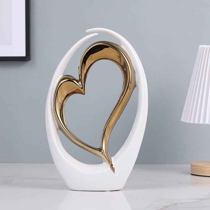 White and Gold Ceramic Statues, Abstract Heart Sculptures for Bedroom Decor, Wedding Decor, Decoraciones para Salas De Casa, for Her (D-White Gold)