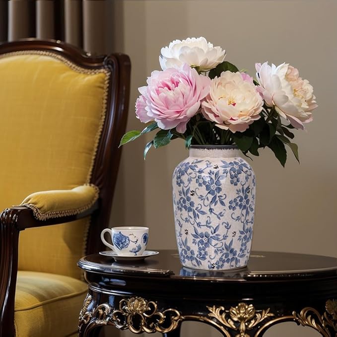 Blue and White Vintage Vase - 9.7 Inchs Chinoiserie Decor Crackle Finish Floral Vase, Rustic Farmhouse Decorative Vases for Table, Living Room, Bathroom, Shelf Decor, Mantel, Centerpieces