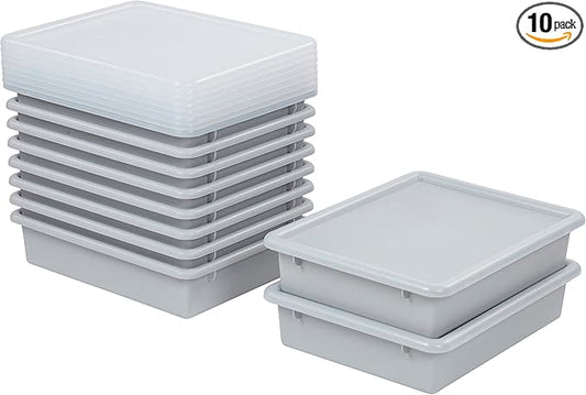 ECR4Kids Letter Size Tray with Lid, Storage Bin, Light Grey, 10-Piece