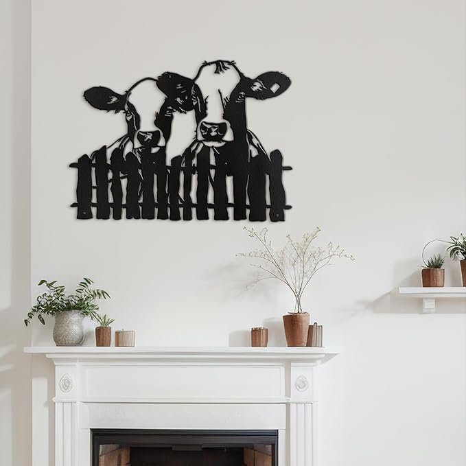 SIGNLEADER Metal Wall Art Decor Two Cows at the Fence Minimalist Modern Abstract Wall Sculpture Hangings Home Decoration for Living Room, Bedroom, Bathroom, Kitchen, Outdoor - 18" Black
