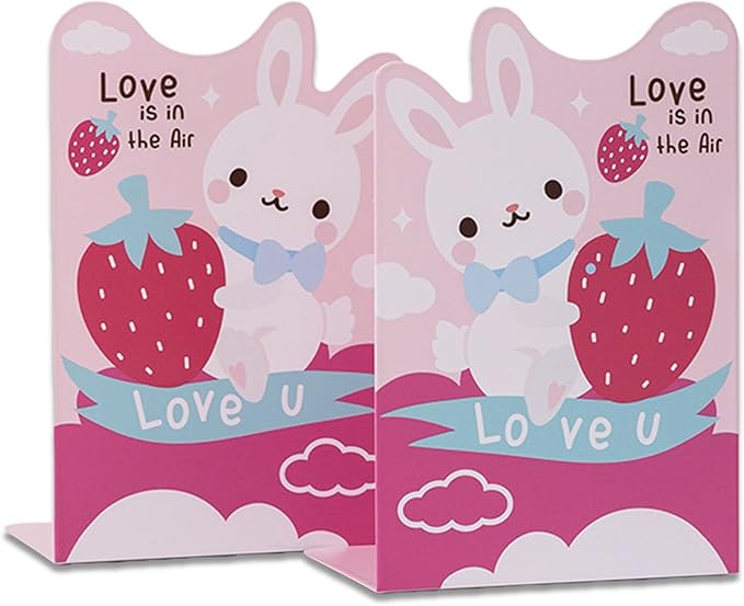 2 Pack Metal Bookends,Non-Slip Rabbit Strawberry Cartoon Astronauts Book Stopper,5.3"x3.9"x8"Heavy Duty Premium Decorative Book End, Supports for Kids Children Shelves,School,Room,Office,Learning Gift