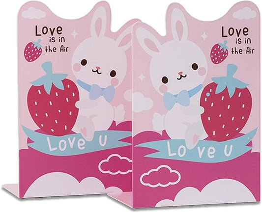 2 Pack Metal Bookends,Non-Slip Rabbit Strawberry Cartoon Astronauts Book Stopper,5.3"x3.9"x8"Heavy Duty Premium Decorative Book End, Supports for Kids Children Shelves,School,Room,Office,Learning Gift