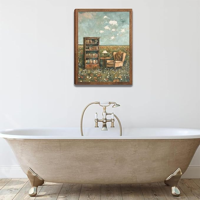 Vintage Whimsical Book Lover Wall Art, Impressionist Flower Field Painting Decor, Rustic Book Nook Canvas Prints, Bookish Gifts French Country Artwork for Bedroom Living Room 12x16 in Wood Framed