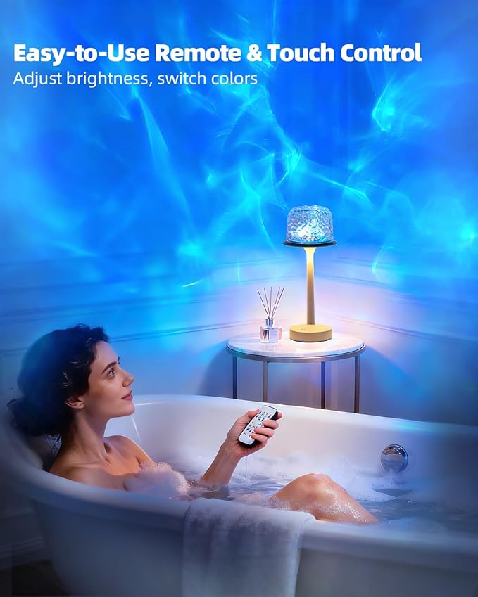 Shower Lamp, Waterproof Bathroom Light with 16-Color Ocean Wave Projector, Rechargeable & Cordless with Touch and Remote Control for Bathtub and Shower