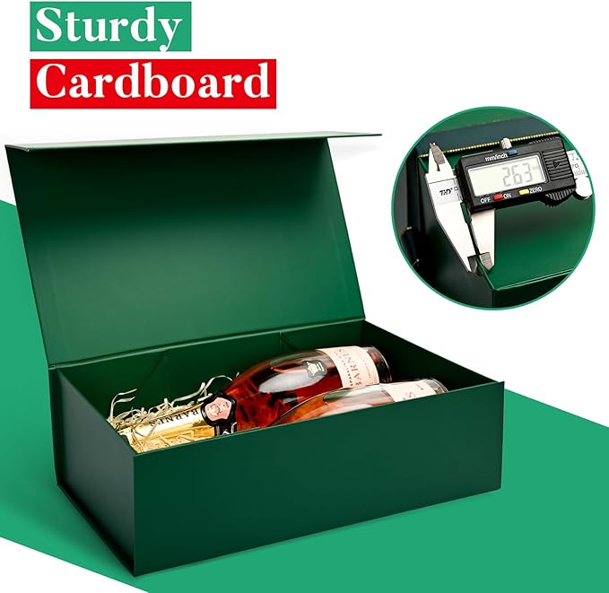 LIFELUM 5 Pack Christmas Gift Boxes Large Green Boxes of Gifts 13.85 x 8.35 x 4.45 inch Gift Boxes with Strong Magnetic Lid for Presents Contains Card, Ribbon, Filler,Sticker