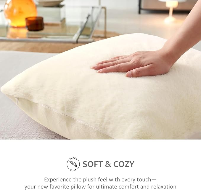 Pallene Faux Fur Plush Throw Pillow Covers 20x20 Set of 2, Soft Fluffy Couch Pillow Covers for Living Room, Beige