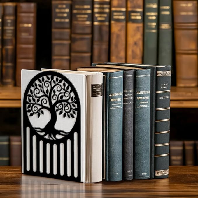 Peacoblue Metal Bookends for Shelves, Modern Decorative Heavy Duty Study Book Ends Stoppers for Office, Desk, Shelf, Room 5.3"x4.3"x7.9" Cast Iron Simple Tall Bookends 1 Pair (Tree of Life Pattern)