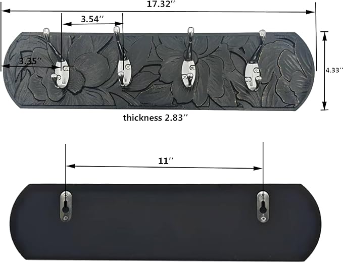 Decorative Wall Mounted Coat Rack with 4 Hooks, Rustic Wood Wall Organizer for Hanging Coats, Hats, Towels, Bags,Jackets, Keys (Antique Black)