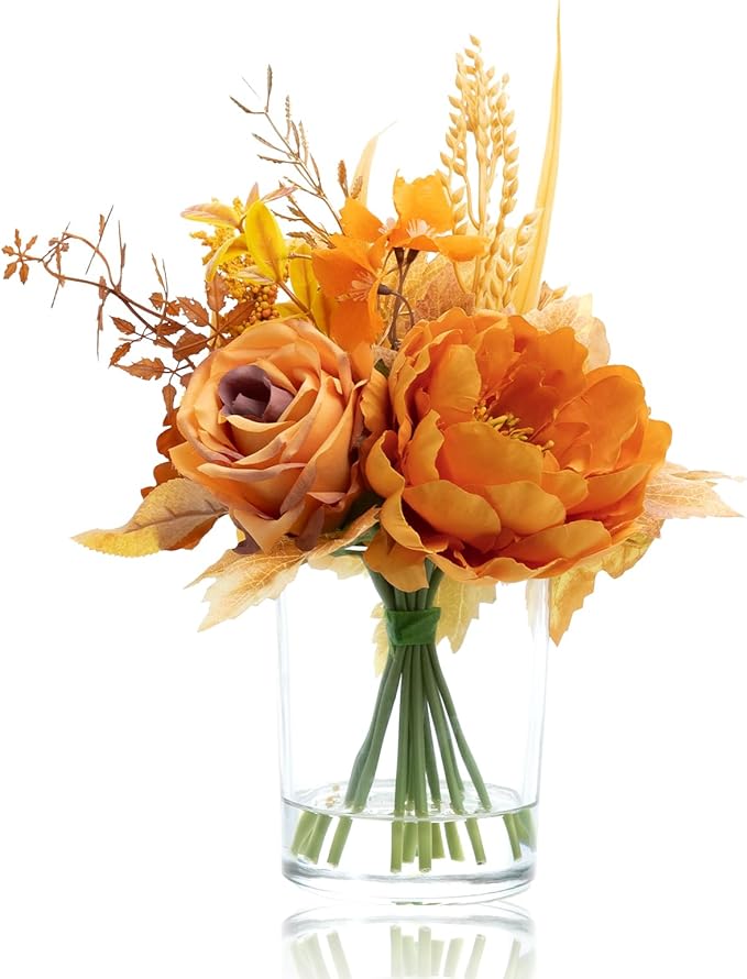 WELL KNOWN Artificial Flowers in Glass Vase, Orange Wrist Gold Silk Rose Peony Flower Bouquet with Fake Water for Fall Winter Home Dinning Table Wedding Christmas Party Lavatory Kitchen Decor & Gift