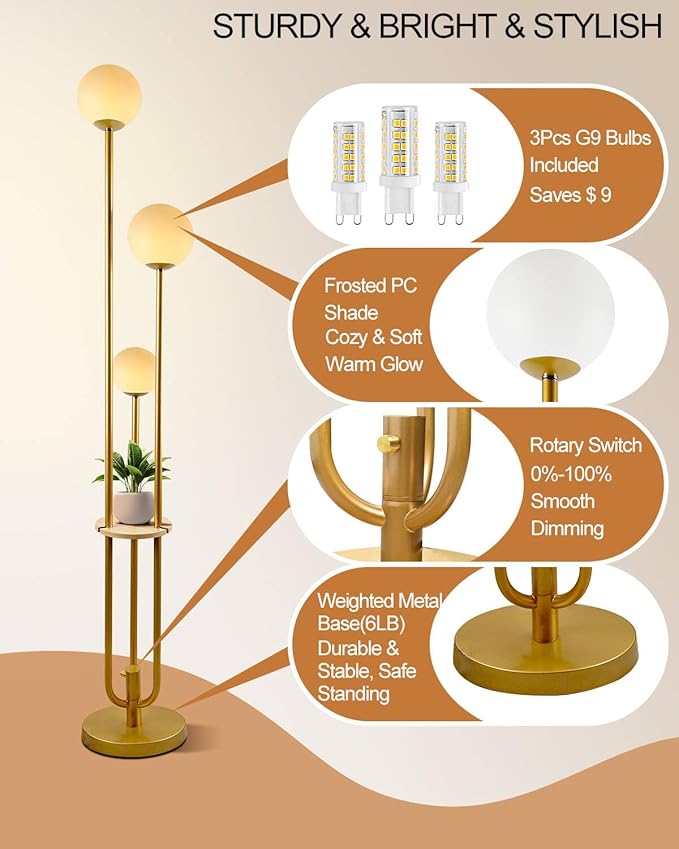 Lightdot 63IN Dimmable Gold Floor Lamp with Shelf Mid Century Standing Lamps with 3000K Warm Bulbs with Candle Holder Style Modern Globe Floor Lamp for Living Room/Party