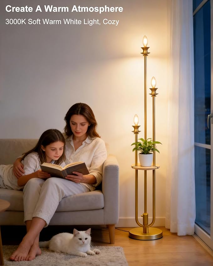 Lightdot Gold Dimmable Floor Lamp with Table, Modern Floor Lamps for Living Room, 3000K Warm Lights Tall Standing Lamp with Candle Bulb for Bedroom/Home Office