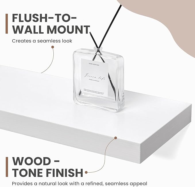 55 Inch Floating Shelves, 8 Inch Deep Floating Shelves for Wall, Hanging Shelf with Invisible Brackets, Deep Shelves for Bathroom, Bedroom, Living Room, White, Set of 2