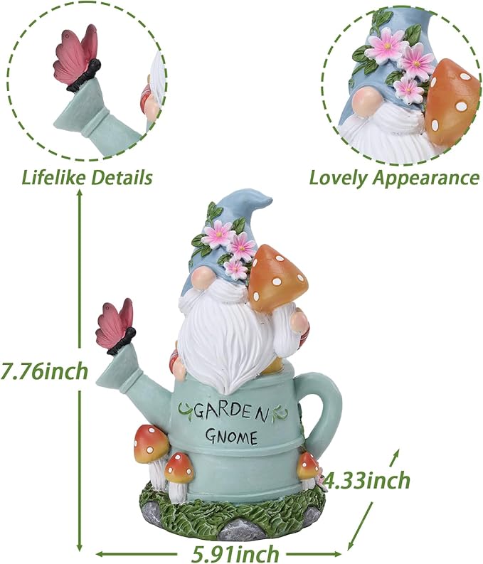 Garden Gnome Statue, Solar Powered Gnome Outdoor Decorations with Watering Can Shape - Resin Gnome Figurine with Mushroom Solar Lights for Porch Patio Lawn Yard Art Decor, Gift for Mom