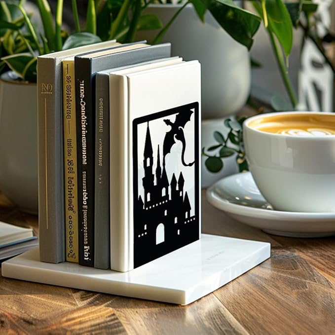 Peacoblue Metal Bookends for Shelves Room Decorative, Creative Heavy Duty Study Bookends Stoppers Holder Stand for Desk Shelf 4.7"x3.5"x7" Book Ends to Support Books, 1 Pair(Dragon Castle)