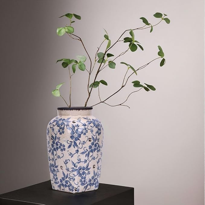 Blue and White Vintage Vase - 9.7 Inchs Chinoiserie Decor Crackle Finish Floral Vase, Rustic Farmhouse Decorative Vases for Table, Living Room, Bathroom, Shelf Decor, Mantel, Centerpieces
